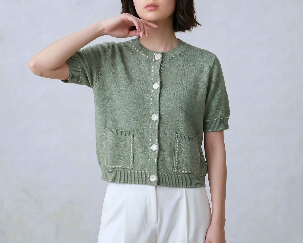 Cotton Blend Short Cardigan With Stitch