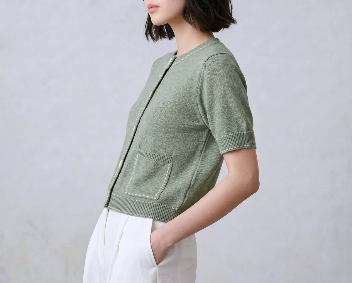 Cotton Blend Short Cardigan With Stitch