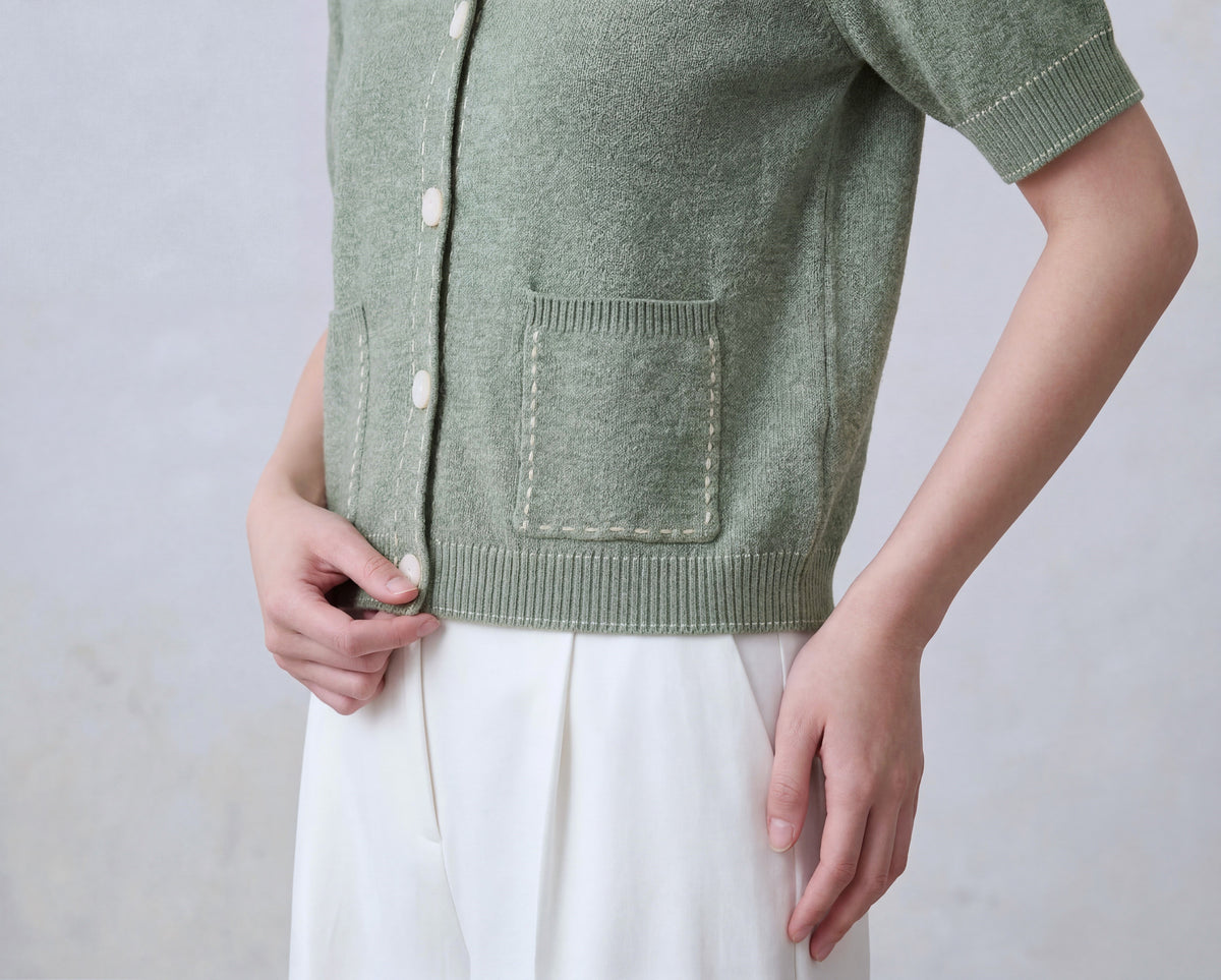 Cotton Blend Short Cardigan With Stitch