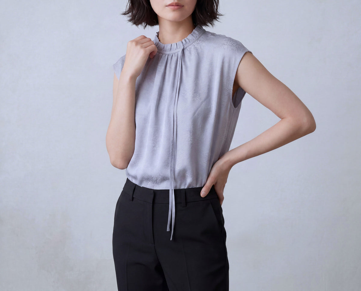 Pure Silk Gather Collar Round Neck Vest