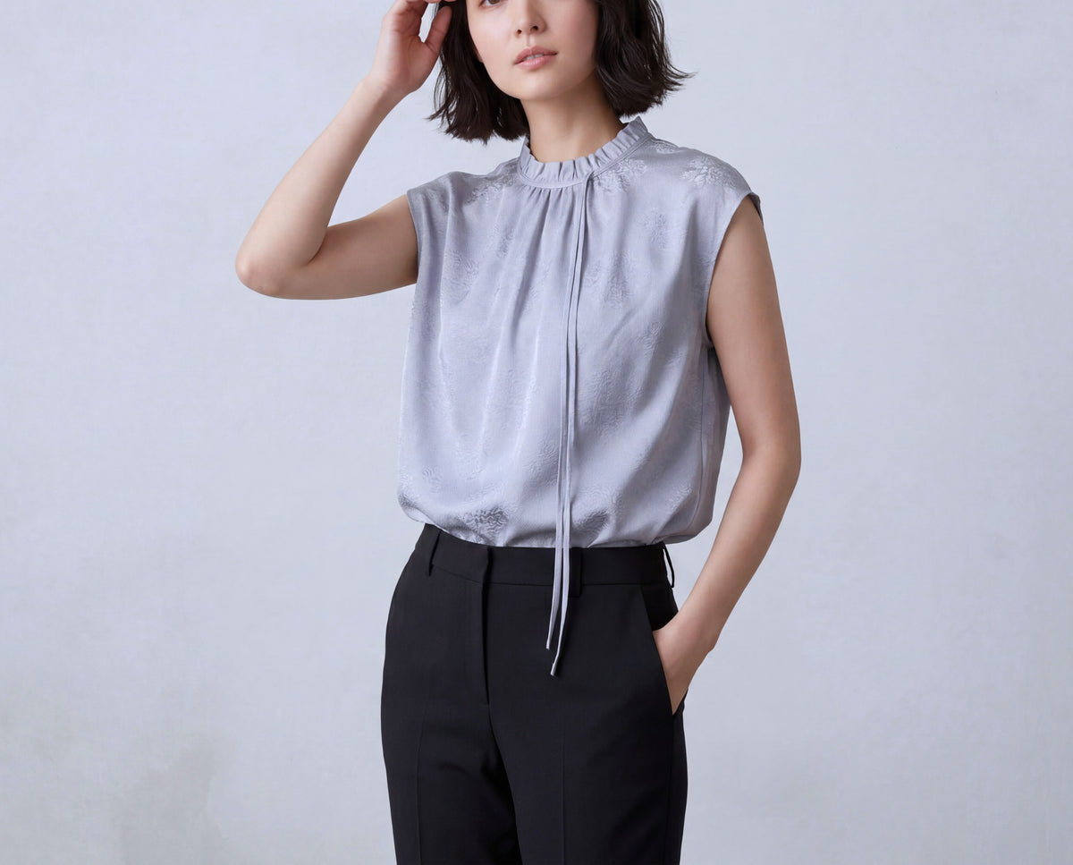 Pure Silk Gather Collar Round Neck Vest