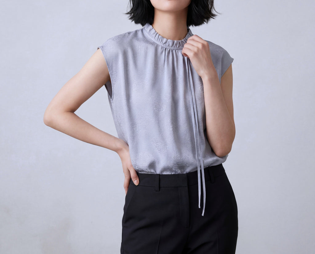 Pure Silk Gather Collar Round Neck Vest