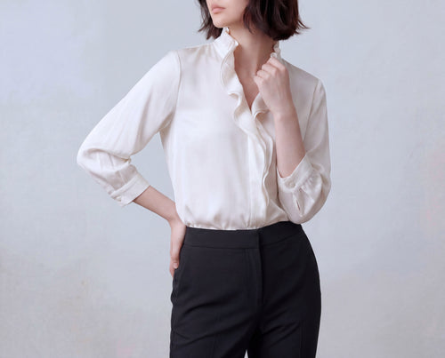 Silk Blend Ruffle V Neck Shirt